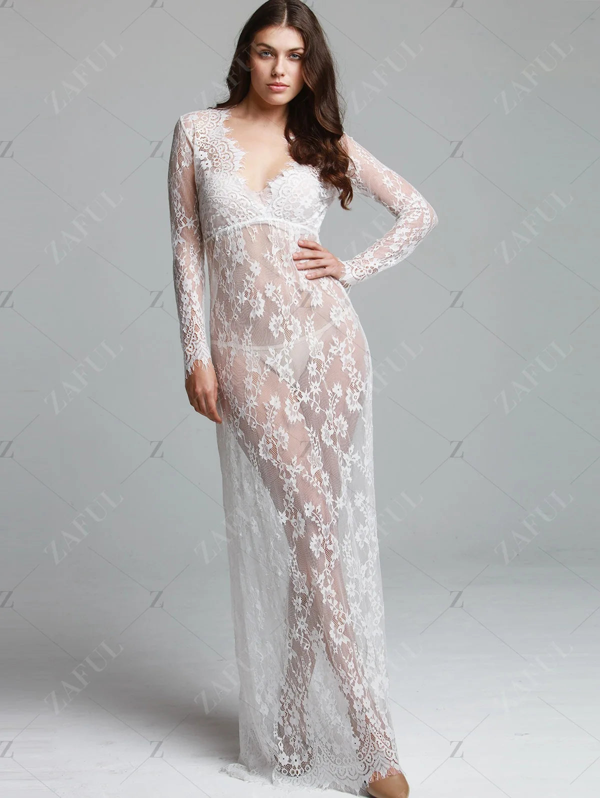 Sexy See Through Lace Long Dresses For Women Deep V-neck Solid Color Maxi Dress Fashion Streetwear Party Night Club Vestidos New
