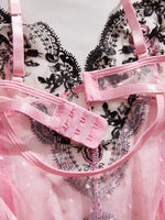Pink Lace Embroidery Jumpsuit with Black Floral Lace Paneling High-Waist Triangle Pant Design Romantic French Sexy Underwear