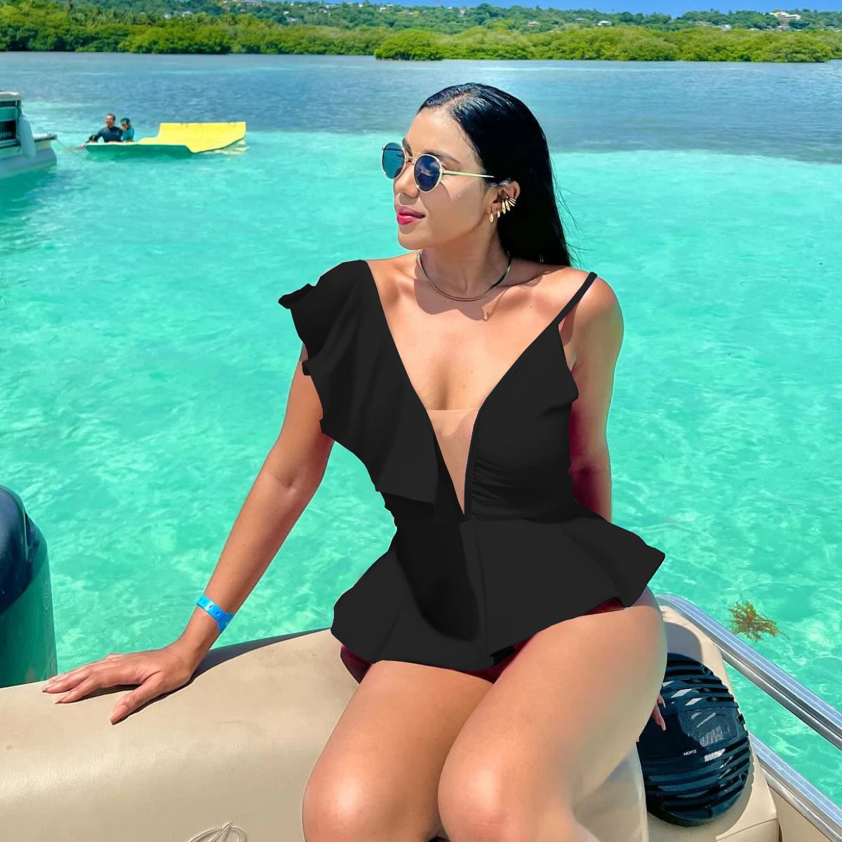 Sexy Ruffle Shoulder Swimsuit V-Neck Swimwear Women Backless Push Up Bathing SuitBeach Wear 2024 Female Swimming Suit