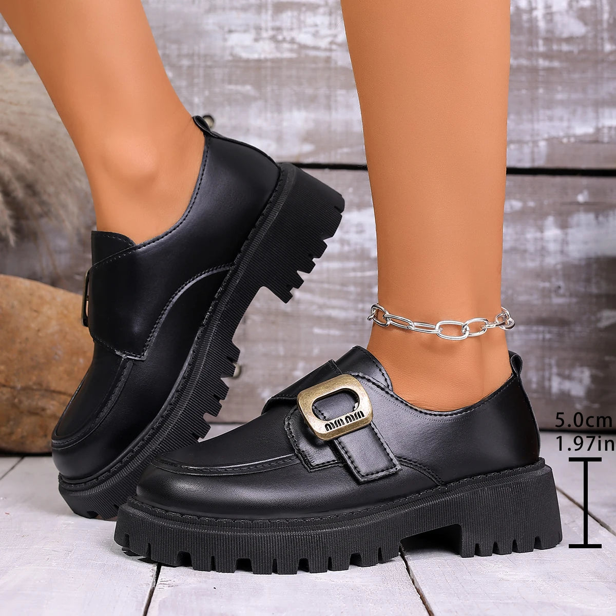 Women Buckle Platform Loafers PU Leather Slip On Chunky Lug Sole Round Toe Casual Office Daily Dress Shoes