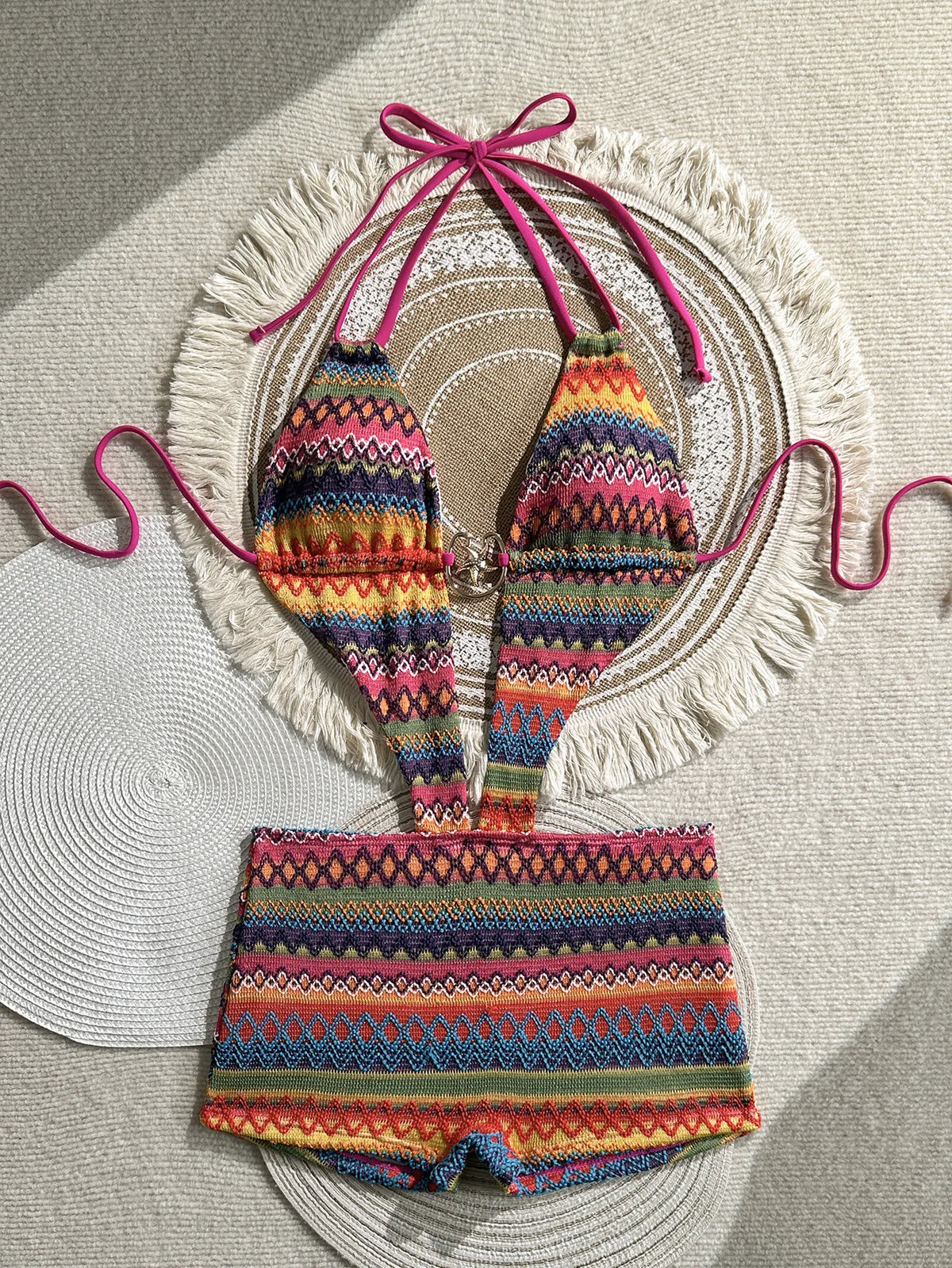 Sexy Hot Pink Knitted Striped Swimsuit 2026 Women Metal Circle Patchwork Hollow Backless Beach Bathing Suit One Piece Swimwear