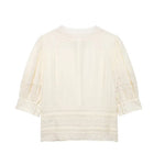 Women's Fashion Lace Romantic Style Shirt Women White Lace Trim Puff Sleeve Neck Button Front Casual Shirt For Daily Wear RJWE