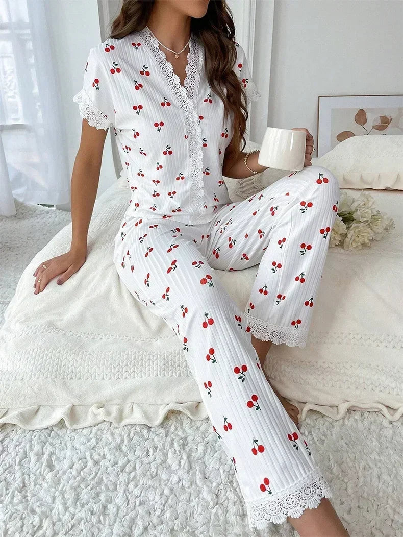 Lace Trim Cherry Print 2 Pieces Pajama Set for Women Sleepwear Short Sleeve Top & Full-Length Pants Nightwear Homewear