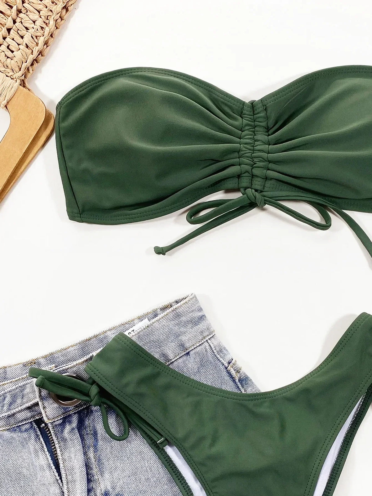 2026 Sexy Bikini Bandeau Women Swimwear Swimsuit Army Green Shirring Beach Bikini Set Bathing Suit Female Maillot De Bain Femme