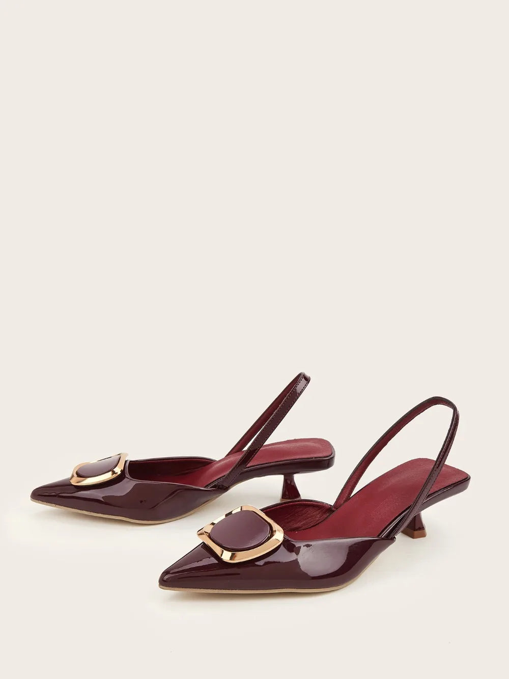 Large Size 35-43 Pointy Toe Burgundy Kitten Heels Slingback Women Summer Pumps Elegant Square Buckle Sandal OL Office Lady Shoes