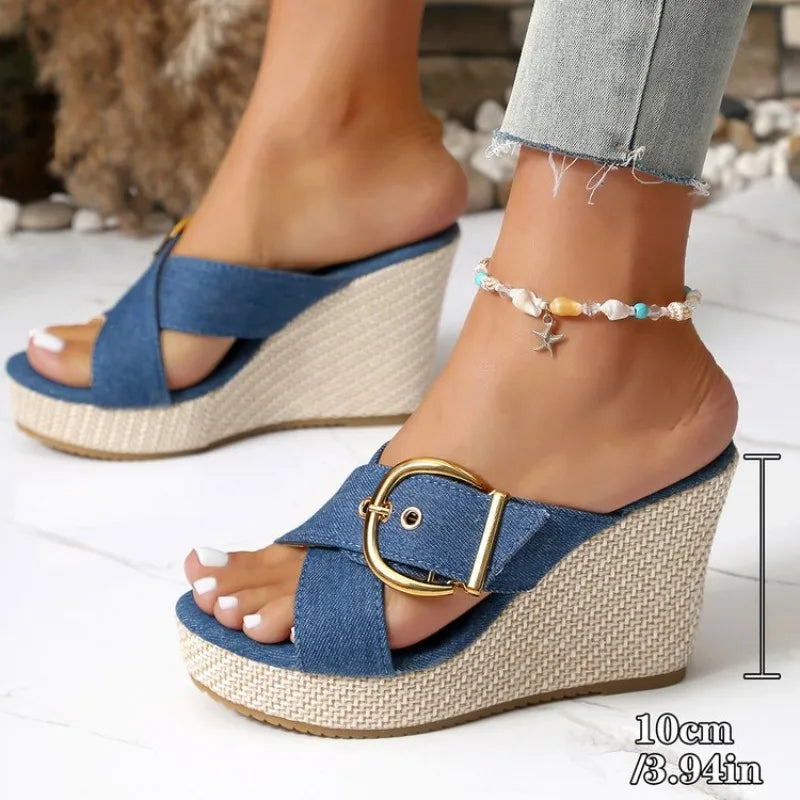 2026 Fashion Wedge Sandals for Women Buckle Decor Chunky Platform Slippers Woman Summer High Heels