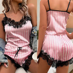 Sexy Women Striped Pajama Set Cami Top and Shorts Set with Lace Trim Sleepwear LoungewearNightwear Fashion Pink Plus Size
