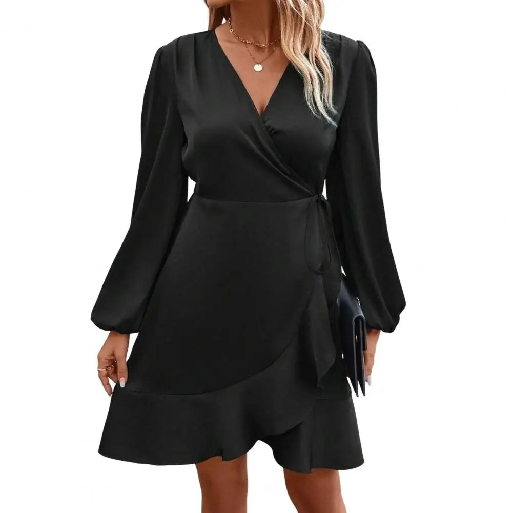 Smooth Satin Ruffle Trim Dress Women Mini Dress V-Neck Lantern Long Sleeve Side Lace-up Dress Solid Color