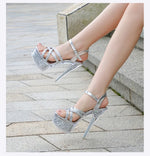 2026 New Silver Narrowband Women's Sandals 14CM Party Banquet Dress Shoes Summer Stiletto Nightclub Platform Crystal High Heels