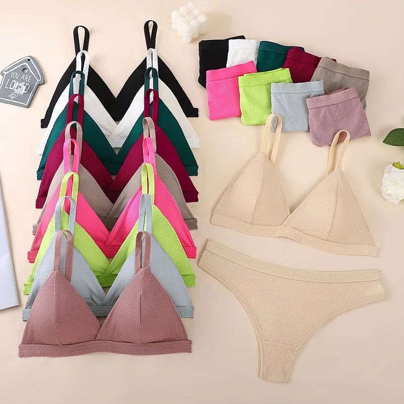 Women Cotton Bra and Panties Set Wireless Push-Up Bra Low-Waist Thongs G-string Sexy Lingerie Women's Breathable Underwear Set