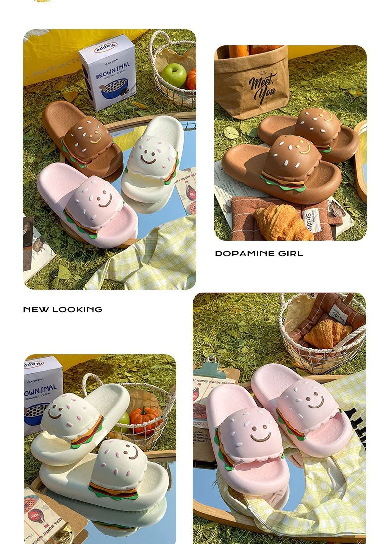 CartoonCutesy3D Sesame Burger Slippers for Women, Summer Outdoor & Home Wear, Anti-Slip Thick Soles, Flat Back Slides,Flip Flops