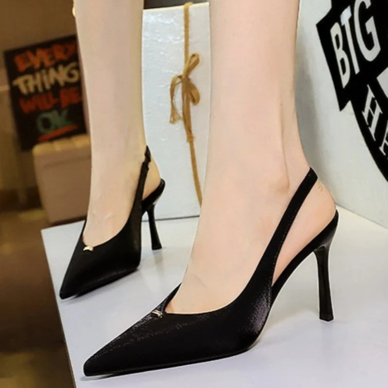 BIGTREE Shoes Sweet Metal Decoration Women Pumps Pointed High Heels silks satins heeled Sandals Women Summer Shoes Stiletto 8 cm