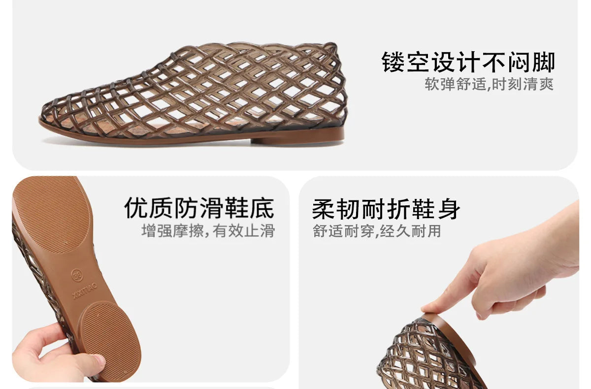 Women's New Flat Sandals with Hollow Transparent Color Mesh Jelly Shoes Woman Daily Walking Flats Plus Size 41 Soft PVC Footwear