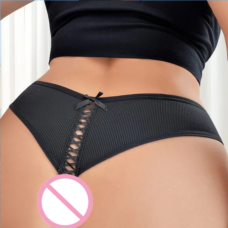 1 Pcs Large Size Tie Bow Sexy Women G-string Low Rise Sexy Thongs Comfortable Breathable Ribbed Ladies Thongs Intimate Lingerie
