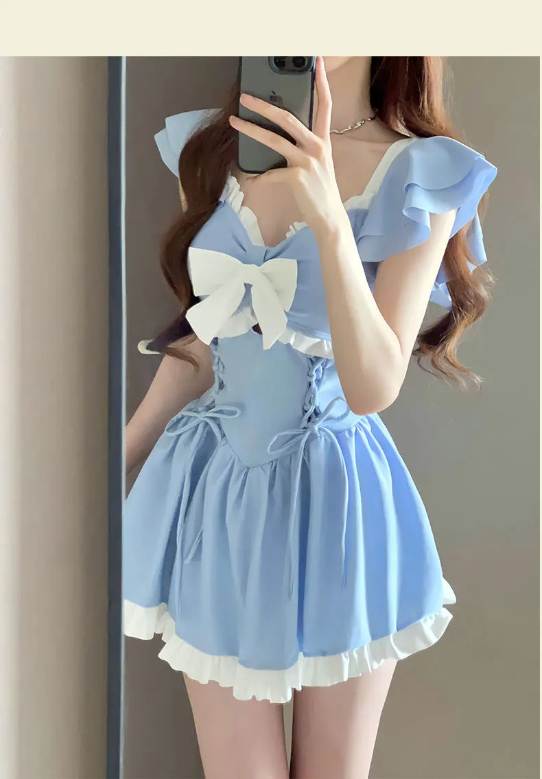Korea Style One Piece Swimsuit with Skirt Monokini 2024 Women Front Bow Push Up Pleate Tummy Control Beach Bathing Suit Swimwear