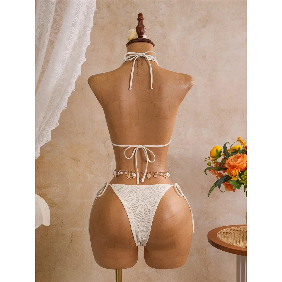 New Leaves Printed Halter Bikini Suit Female Swimsuit Women Swimwear Bather Bathing Suit Swim Three-Pieces Bikini Set