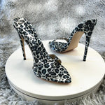 Women's Slippers Summer High Heels Pointed Head Shallow MouthGrey leopard print patent leather Print Sandals Fashion Fine Heels