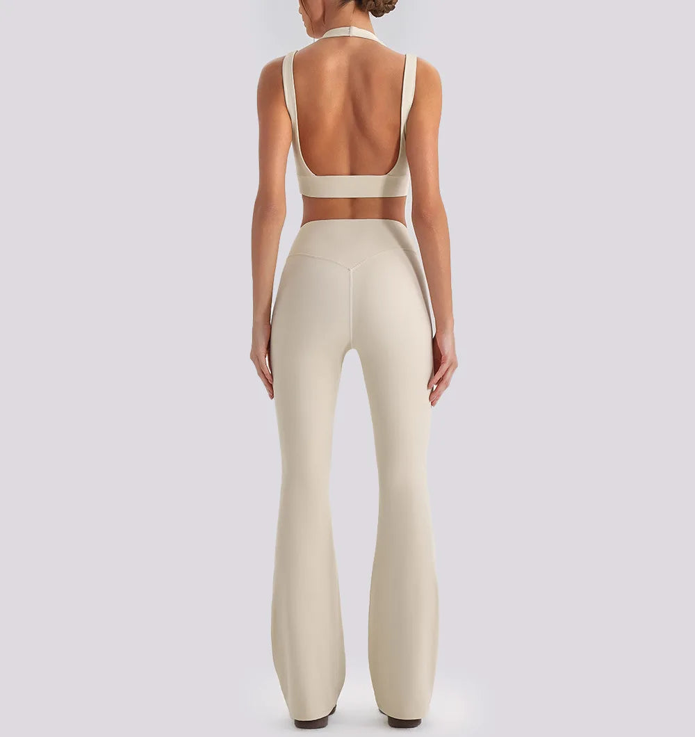 Women's Yoga Exercise Sets Women Backless Sports Tank Top V Shape High Waist Wide Leg Pants Fitness Gym Running Workout Clothes