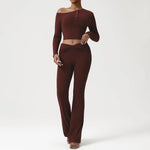 2 Pieces Women's Seamless Yoga Set Long-sleeved Shirt Flared-pants Tracksuit Running Fitness Sports Set Slim-fit High Waist Suit