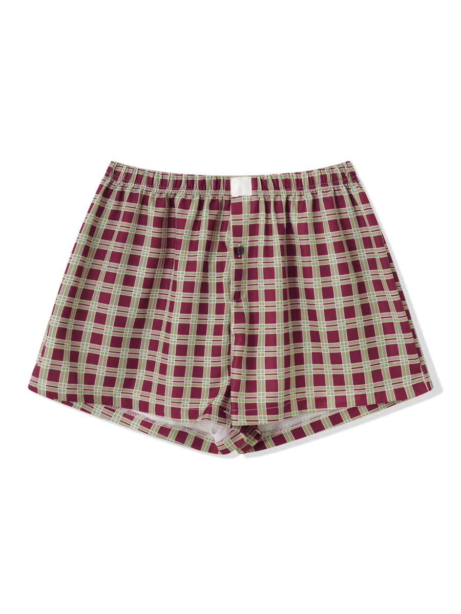 Women’s Plaid Print Shorts Elastic Low Waist Button Front Lounge Shorts Boxers Streetwear