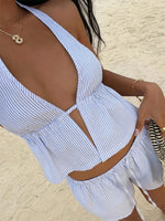 Women Striped Deep V-neck Crop Top Summer Sleeveless Backless Halter Neck Tank Top Beach Streetwear