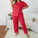 Plus Size 3XL 4XL 5XL Sleepwear Women's Heart Letters Print Pajamas Set Casual Short-Sleeve Top and Pants Loungewear