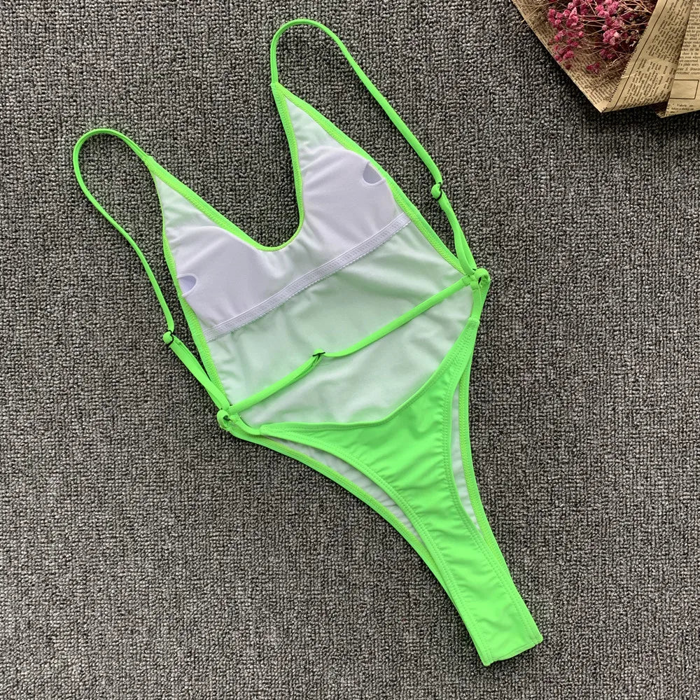 2026 Fluorescent Green One Piece Swimsuit for Women,solid Color,thong Backless Bikini,U-neck Suspender Swimwear,Adjustable Strap
