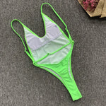 2026 Fluorescent Green One Piece Swimsuit for Women,solid Color,thong Backless Bikini,U-neck Suspender Swimwear,Adjustable Strap