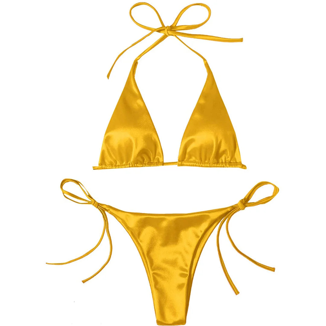 Sexy 13 Colors Halter Satin Brazilian Bikini Women Swimwear Female Swimsuit Two-pieces Bikini set Bather Bathing Suit Swim V4966