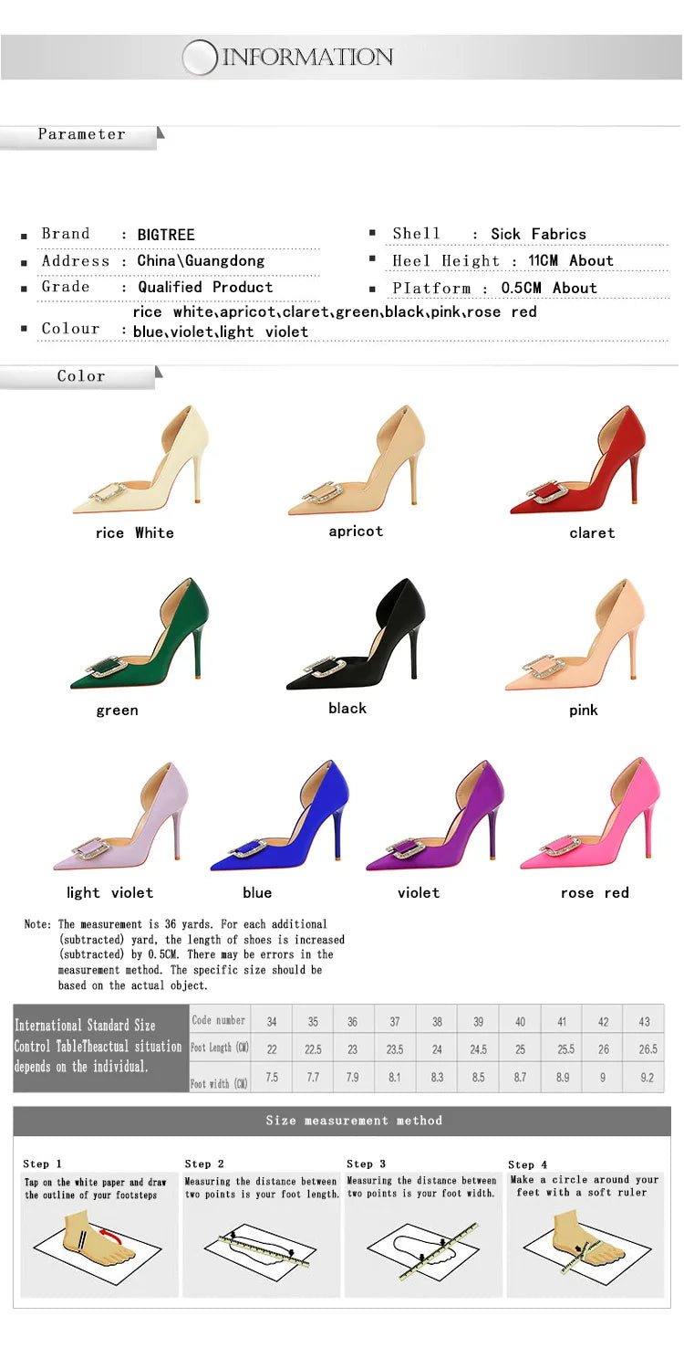 BIGTREE Pumps Elegant Pointed Crystal Buckle Slim High Heel Single Shoes Women Silk Spring/Summer High Heel Pumps Wedding Dress