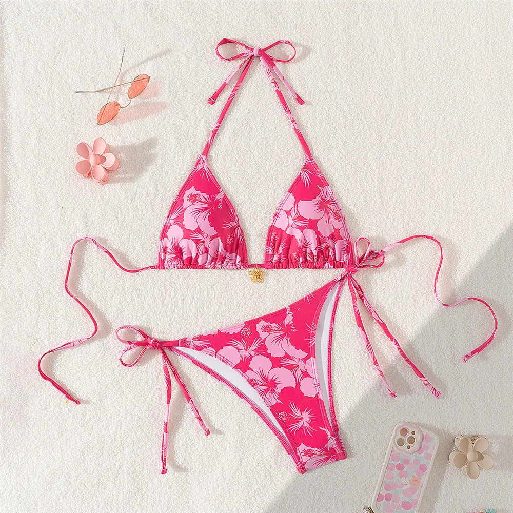 Sexy Rose Red Flower Print Micro Thong Bikini Women Swimwear 2026 String Halter Swimsuit Swimming Wear Triangle Bikinis Sets