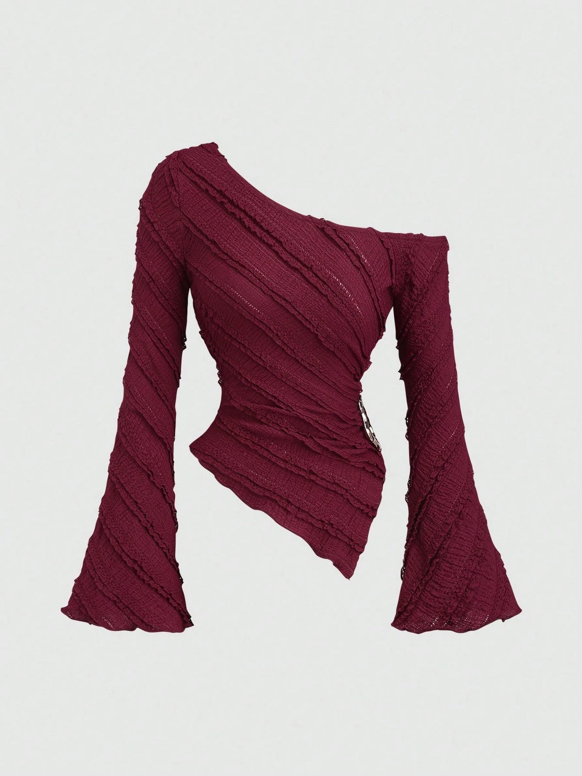 Women's Casual Textured Fabric Asymmetric Hem Flared Sleeves Blouse Commute Side Metal Decor One Shoulder Tops Spring/Fall 2026