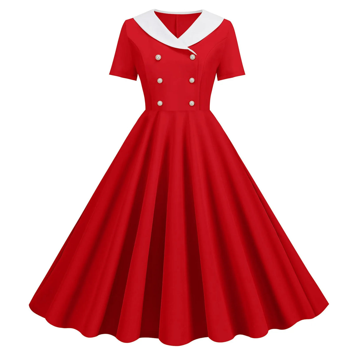 1950s Vintage 50s A-Line Evening Dress Short Sleeves V Neck Button High Waist Dresses Women's Prom Party Midi Dress Vestidos