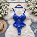 Foamlina Women's PU Leather Patchwork Mesh Bodysuit Sexy Hollow Out Slim Fit Lace Up Bandage Club Party Body Suit Woman Clothes