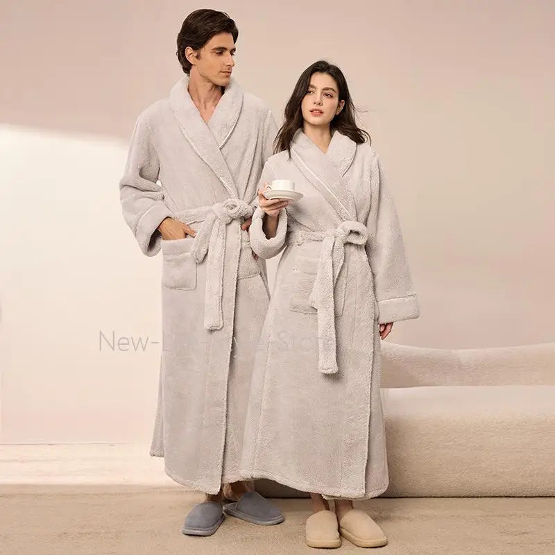 Thick Cozy Fleece Couple Bathrobe, Men Women Long Warm Loungewear, Autumn Winter Flannel Plus Size Robe Pajamas