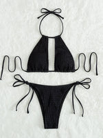 2025 Halter Tie Side Hollow Out Smocked Bikini Women Swimsuit Female Swimwear Two Pieces Bikini Set Swim Bathing Suit Beach Wear