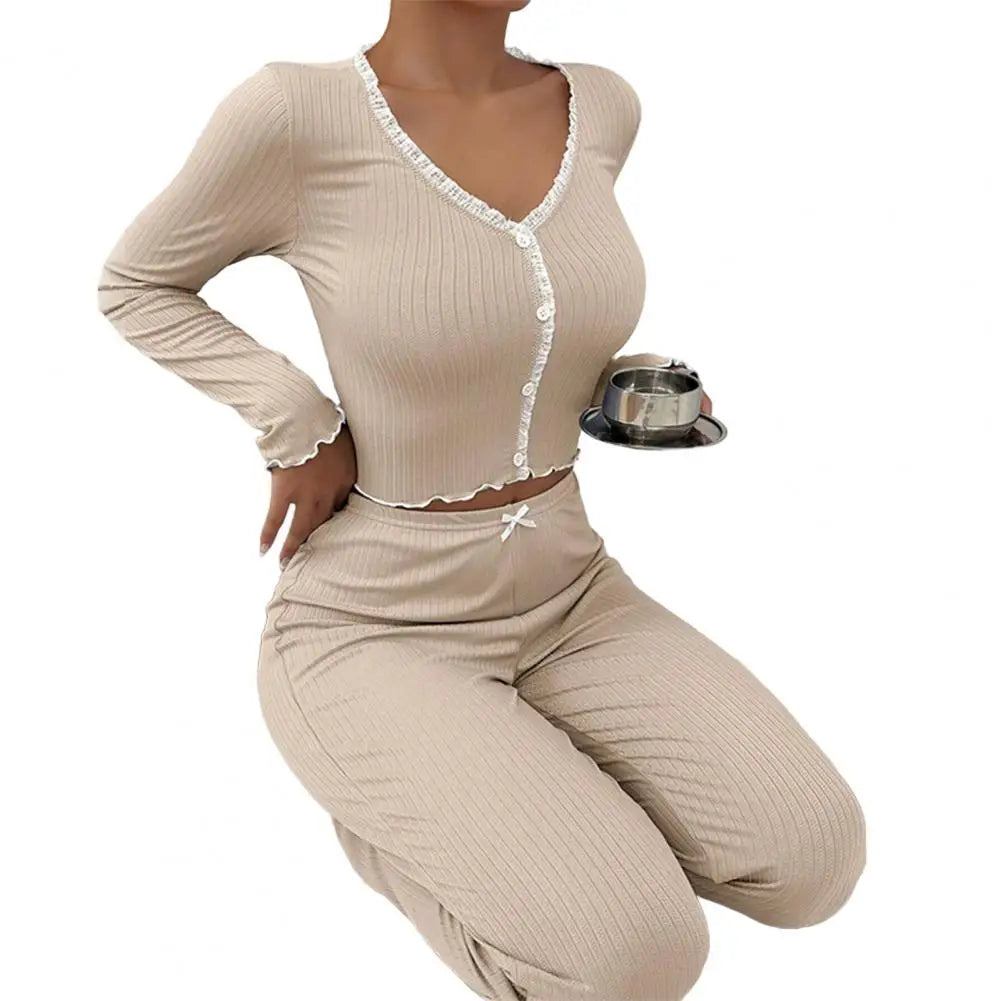 Womens Lace Trim Ribbed Knit Pajamas Set Long Sleeve Crop Top Wide Leg Pants Lounge Set 2 Piece Sleepwear