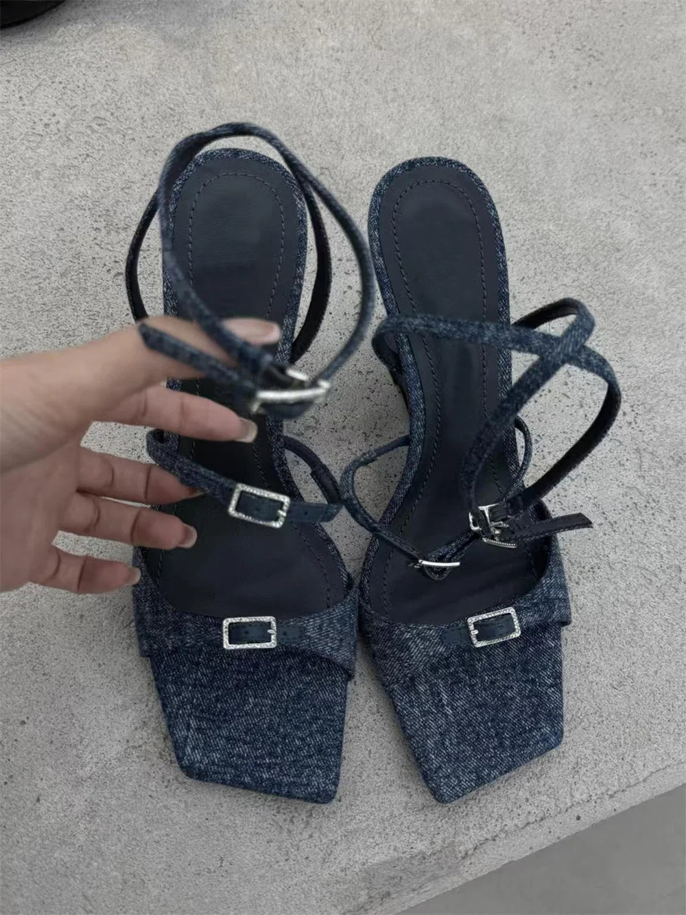New Sexy Black Thin Buckle Straps Wedges Sandals Women Elegant Denim Blue Unique Curved Wedge High Heel Summer Party Heels Shoes