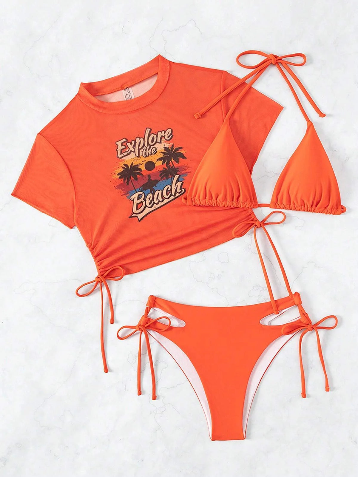 2026 Black Crop Top Swimwear Women Summer Sexy Beachwear Mesh Short Sleeve Cover Ups Top Three Piece Swimsuit Lace Up Bikini Set