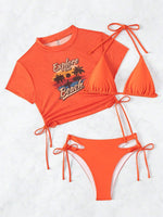2026 Black Crop Top Swimwear Women Summer Sexy Beachwear Mesh Short Sleeve Cover Ups Top Three Piece Swimsuit Lace Up Bikini Set