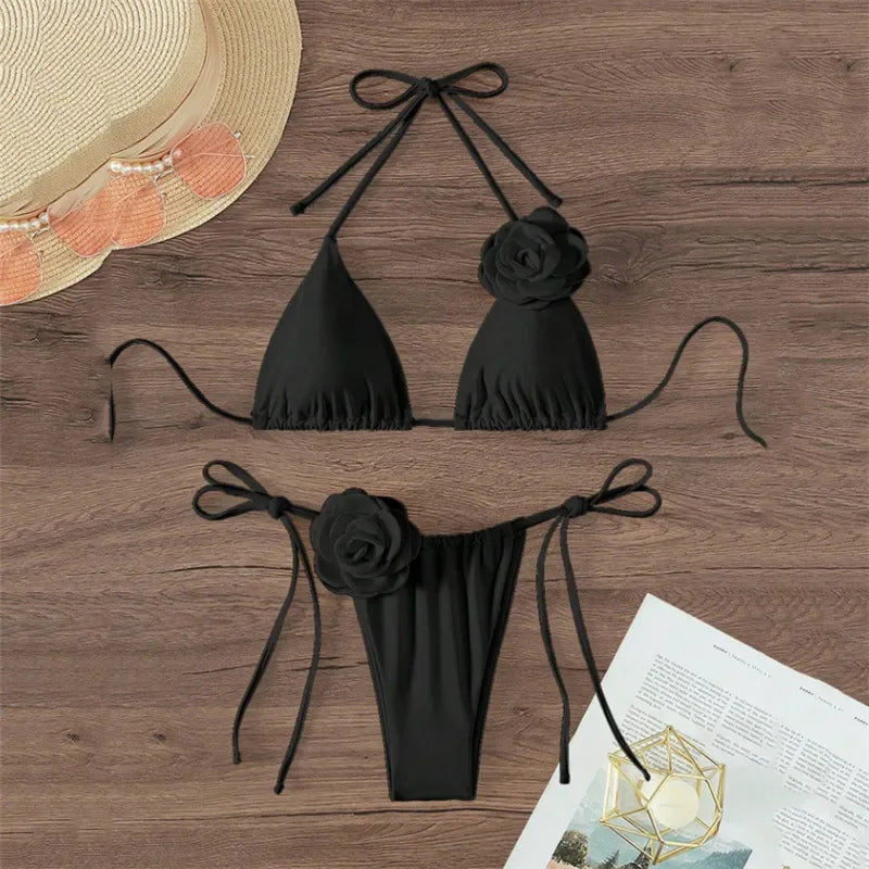 Sexy 3D Flower Black Triangle Bikinis Sets Micro Thong Swimsuit Women String Halter Bathing Suit Bikini 2026 Mujer Biquinis Swim