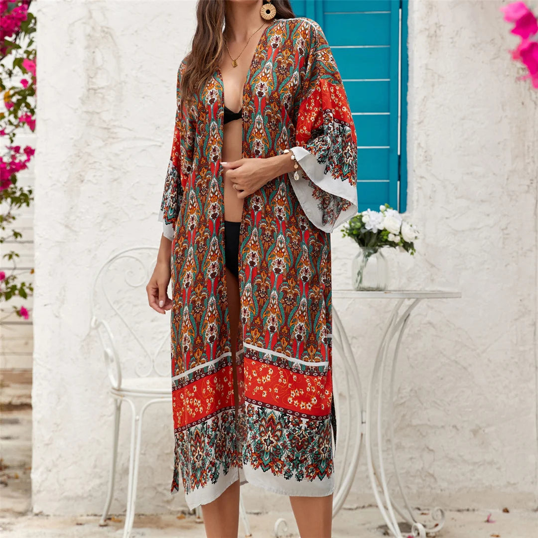 Printed Long Sleeve Crochet Knitted Cardigan Tunic Beach Cover Up Cover-ups Beach Dress Beach Wear Beachwear Female Women K7203