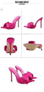 2025 Silk Butterfly Knot Women PVC Slippers Mule 11cm High Heels Slippers Luxury Sandals Pointed Toe Strappy Slides Party Shoes