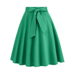 Women Skirt A-line Big Swing Belted Tight Waist Bow Decor Solid Color High Waist Soft Ruffle Summer Dating Party Midi Skirt