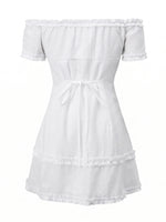 Women Summer White Dress Trim Off Shoulder Short Sleeve Button-up A-line Mini Dresses for Daily Office Party