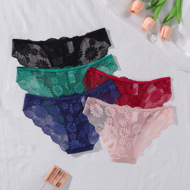 5pcs Sexy Women's Panties Perspective Floral Female Underpants Sexy Lingerie Breathable Comfortable Lady Briefs Elegant Underwea