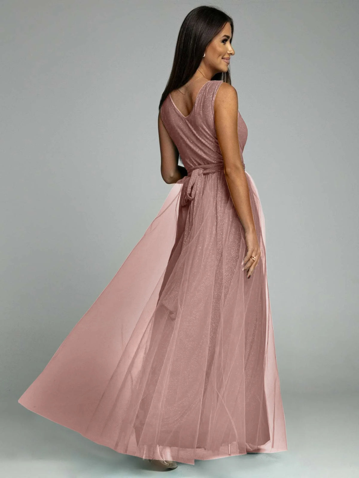 Elegant Solid Color Fine Sparkle Party Dresses Women Temperament V-neck Leace-up Mesh Slit Long Dress Evening Vestidos Female