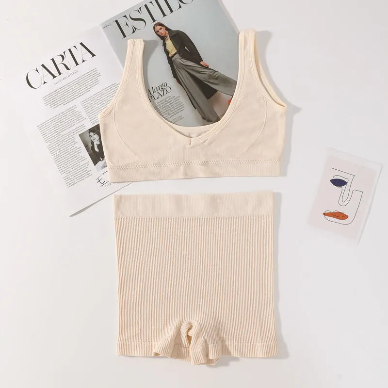 Seamless Bra Set Women V Neck Bra Wireless Brassiere Sexy Lingerie Set Soft Shorts Women's Underwear Set Female Comfy Intimates