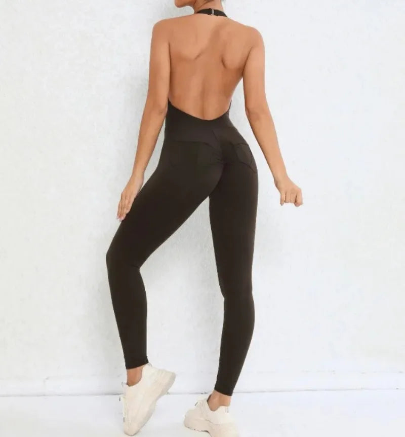 Women's Seamless Yoga Jumpsuits Sports Fitness Peach Hip-lifting Beauty Backless One-piece Pocket Tight Workout Gym Bodysuit