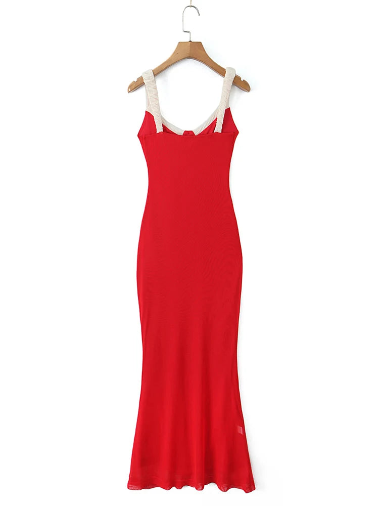 V Neck Spaghetti Strap Red Party Women's Dress Flower Decor Elegant Sleeveless Bodycon Maxi Vestidos 2025 Beach Casual Long Robe